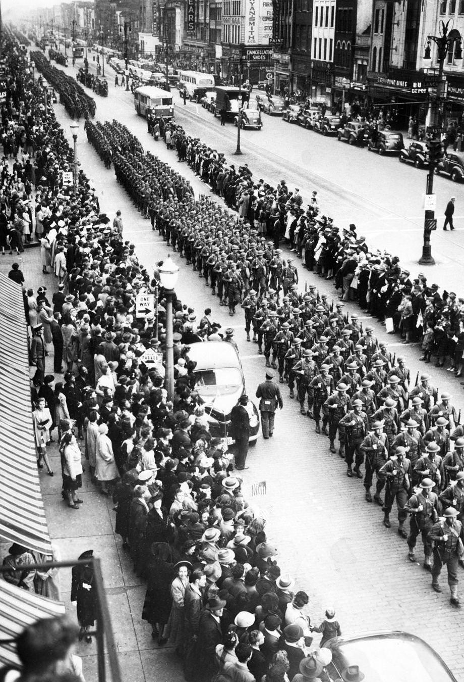 #144 Richmond was the site of Virginia’s largest military parade since World War II began, with more than 6,000 uniformed men and women marching along Monument Avenue and Franklin, Belvidere and Broad streets, 1946.
