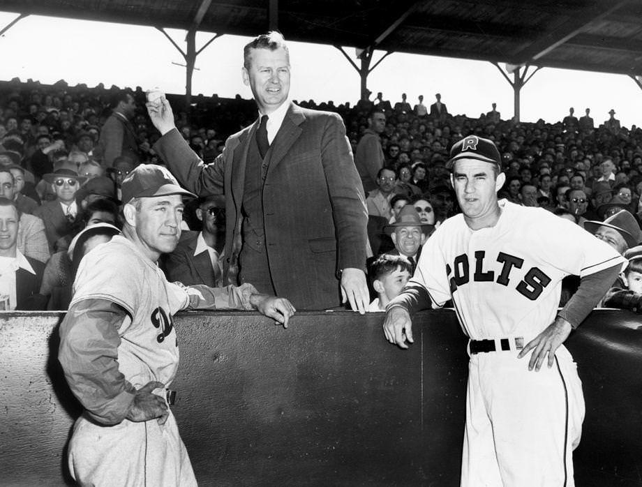 #151 Richmond Mayor W. Stirling King threw out the first pitch at the Richmond Colts home opener at Mooers Field, 1949.