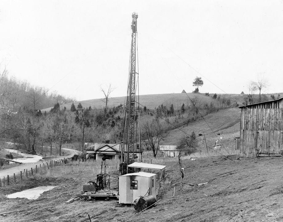 #159 A portable drilling rig was set up in an oil field in Lee County in Southwest Virginia, 1947.