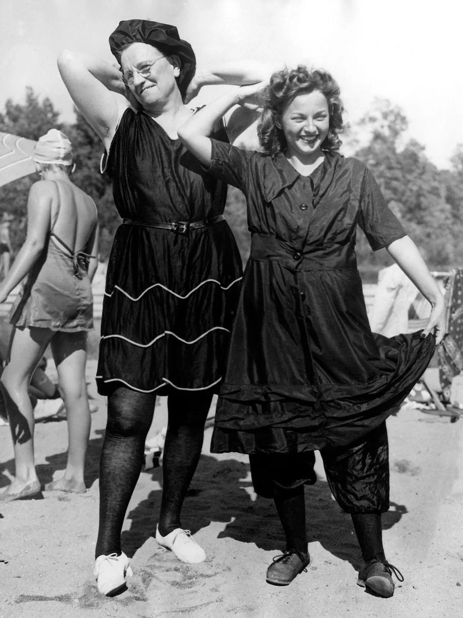 #161 Frances Butler (right) and Mrs. John Gerlach were first- and second-place winners, respectively, of an “old-fashioned swimsuit” contest during an outing for Thalhimers employees at Swift Creek in Chesterfield County, 1941.