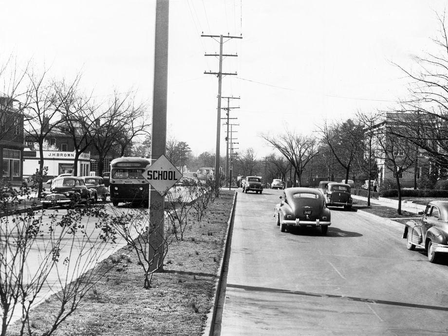 #194 A new sign indicated the nearby Patrick Henry School along Semmes Avenue approaching Forest Hill Avenue in South Richmond, 1949.