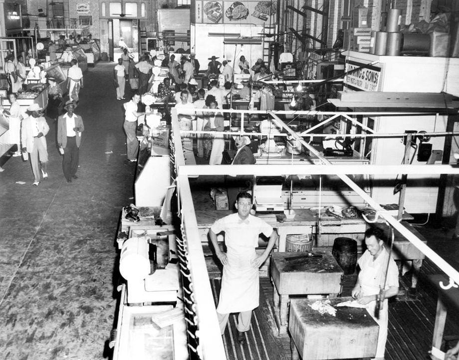 #203 The Buyer’s Resistance Group, mostly made up of housewives, had been organizing a boycott of local meat markets, such as this one at the Sixth Street Market in Richmond, to attempt to bring down prices, 1948.