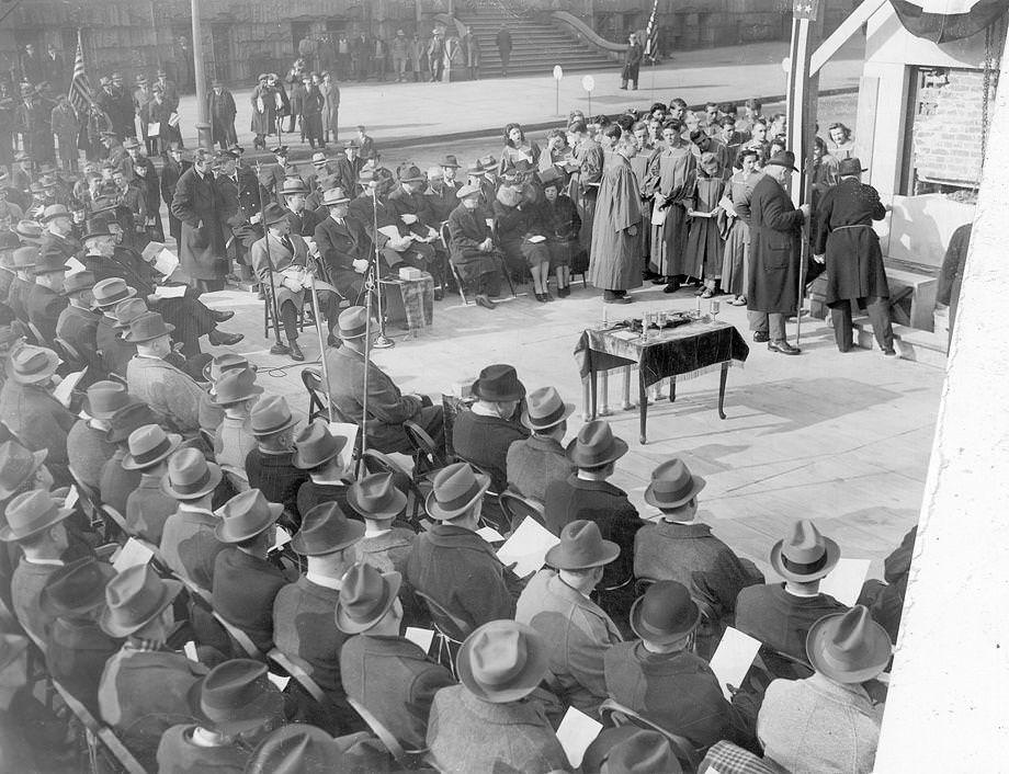 #212 Library’s cornerstone laid: Scenes here were snapped as state and city notables gathered yesterday for cornerstone-laying ceremonies at the new State Library Building, 1940.