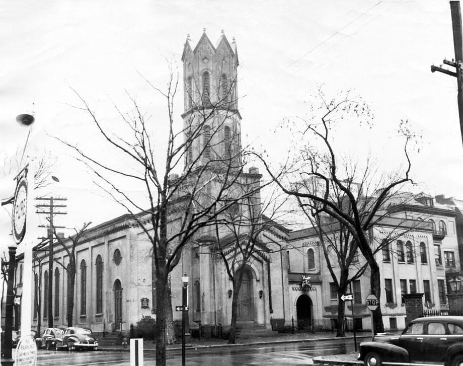 #57 The building, at Madison and Grace streets in Richmond, that once sat downtown and housed First Presbyterian Church, 1940s.