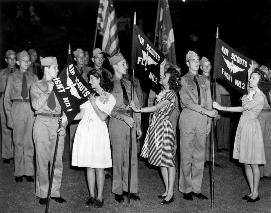 #60 Leaders of the three flights in the Gamble’s Hill Community Center Air Scouts received their banners at the first review of the corps held in Gamble’s Hill Park, 1946.