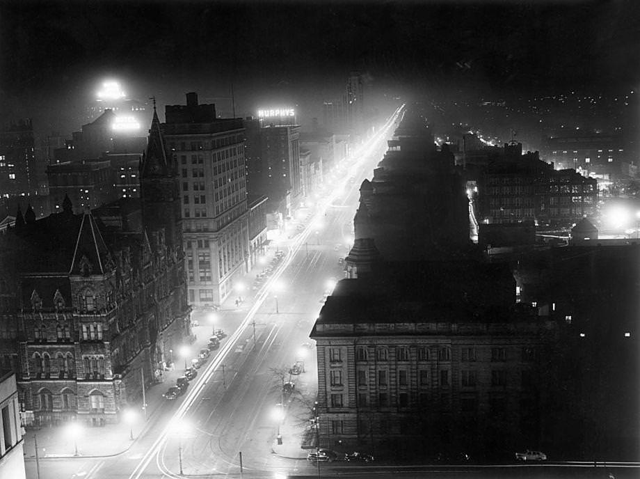 #72 A blackout test during World War II – in case enemy aircraft flew over the city – darkened the interior of many buildings in downtown Richmond, 1942.