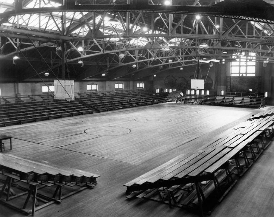 #73 A newly renovated basketball court, plus improved lighting and expanded seating, awaited action at the Blues Armory at Sixth and Marshall streets in downtown Richmond, 1947.
