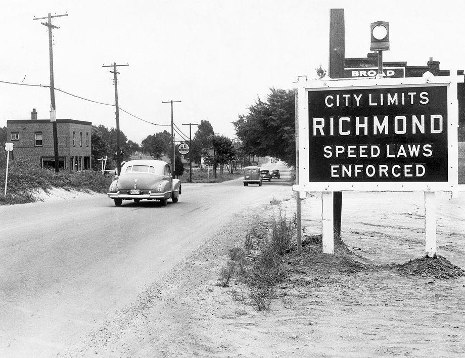 #77 Richmond officials put up warning signs near the city limits on West Broad Street to limit speeding, which was a top traffic concern at the time, 1947.