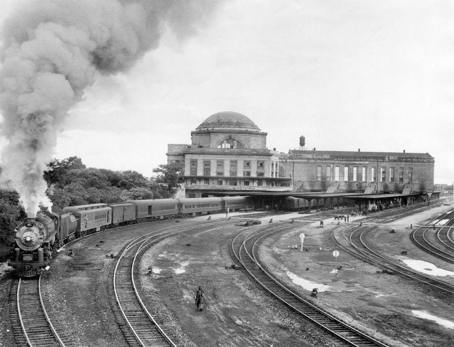 #78 A passenger train pulled out of Broad Street Station in Richmond and headed to Washington, 1946. At the time, a potential labor strike was threatening service.