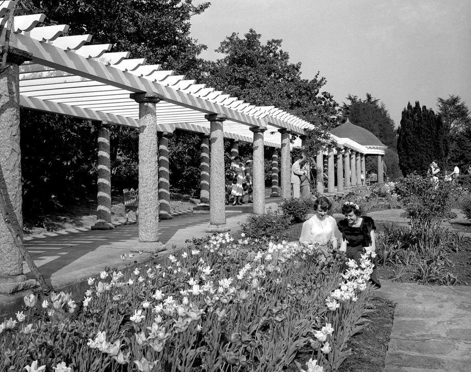 #11 Betsy Marrin and Doris Bolton admired the springtime blooms in the Italian Garden at Maymont Park, 1952.