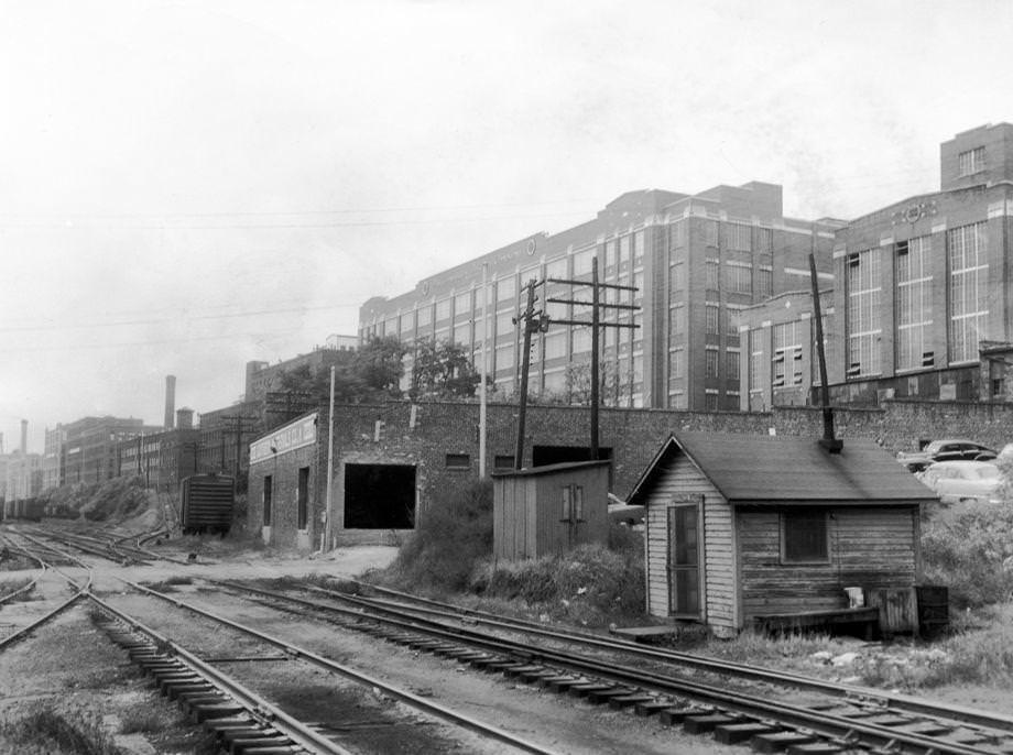 #124 Tobacco Row at Dock Street, where many cigarette manufacturers were located, 1956.