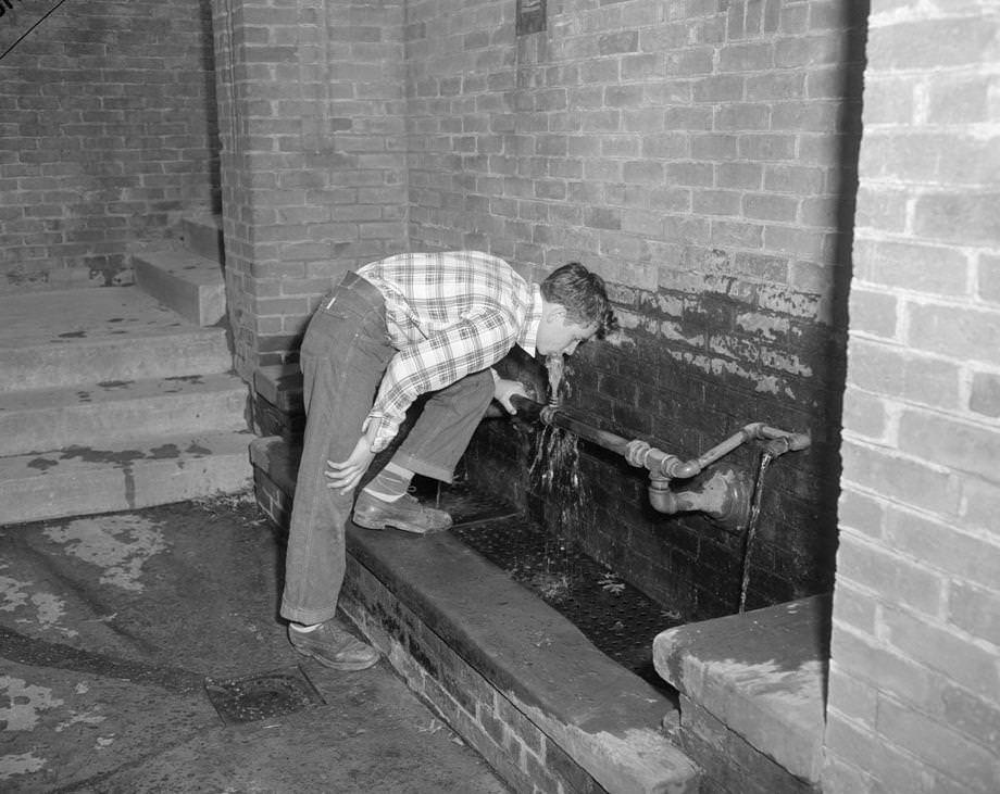 #144 A visitor drinking the natural spring water from a fountain at South Richmond’s Fonticello Park, also known as Carter Jones Park, 1950.