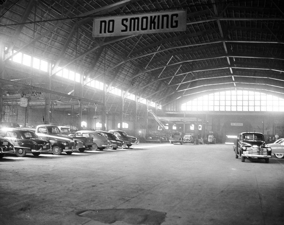 #152 The interior of the City Garage at the old fairgrounds property near Parker Field, 1951.