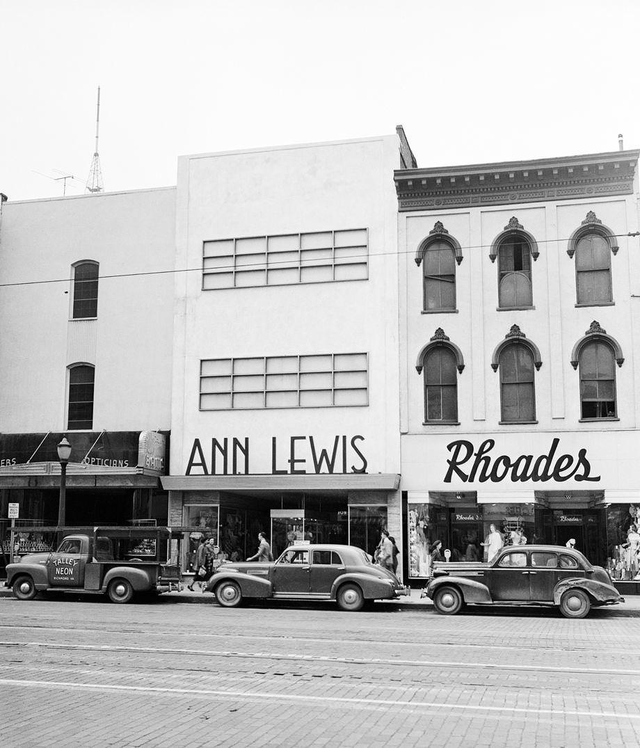 #154 The Ann Lewis women’s clothing store at 309 E. Broad St. in downtown Richmond, 1951. That year, fall suits were on sale for $11, and dresses for only $5.44.