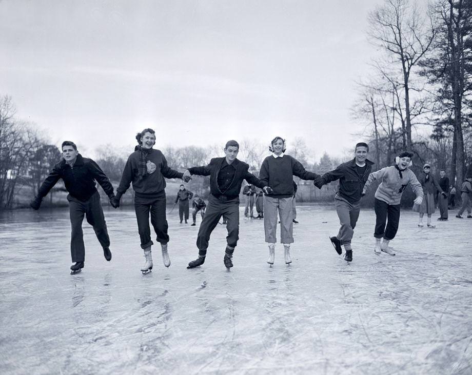 #155 The Staples Mill Pond froze, giving people the chance to dust off their ice skates and have some fun, 1951. The pond was a popular ice-skating spot whenever it froze.
