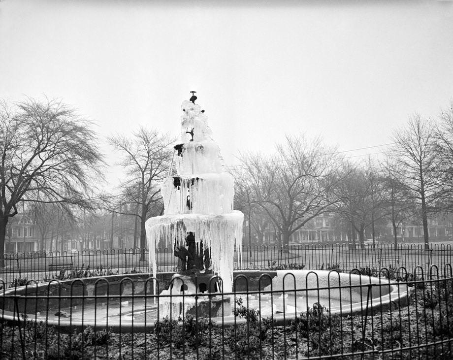 #168 Frigid temperatures put the Chimborazo Park fountain in a frosty state, 1951.