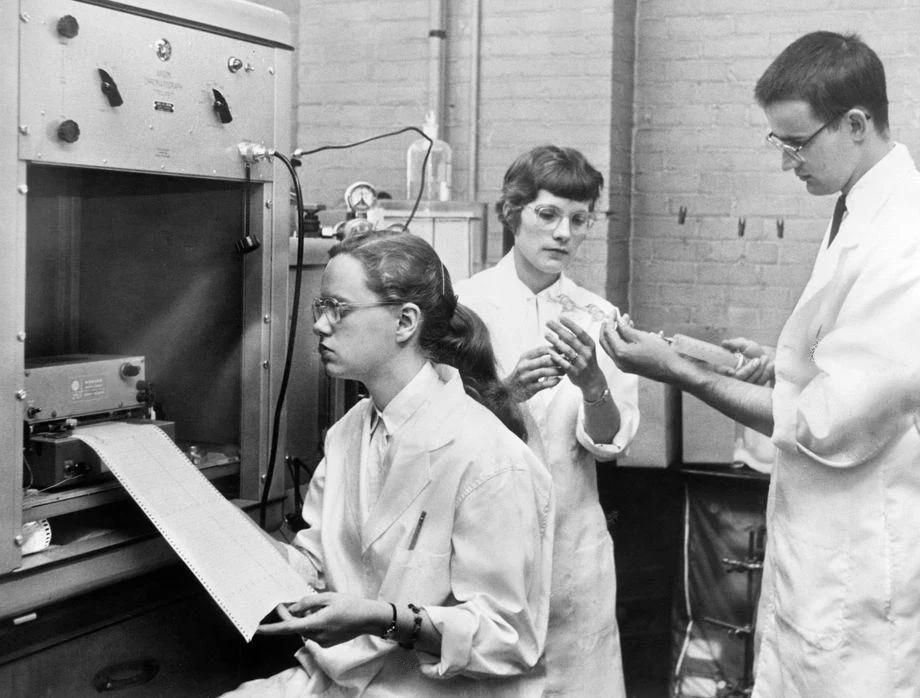 #181 Phyllis Grove (from left), Alta Strickland and David Fridley analyzed cigarette smoke using a gas chromatograph at Philip Morris in Richmond, 1959.