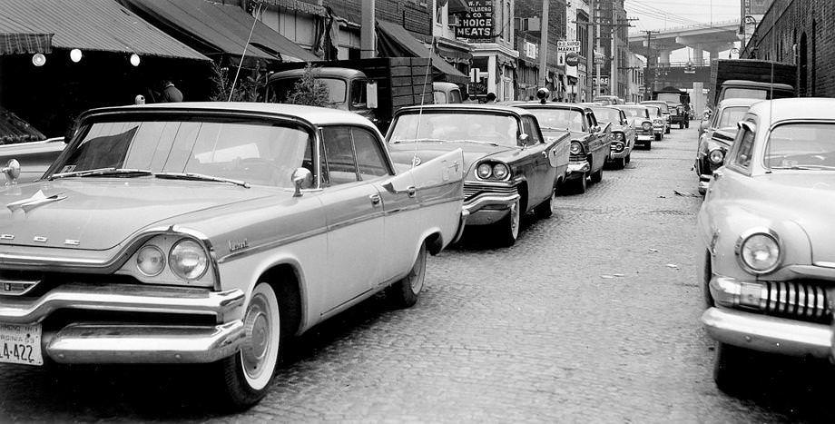 #199 Cars were parked along 17th Street in Richmond looking toward Main Street, 1959.