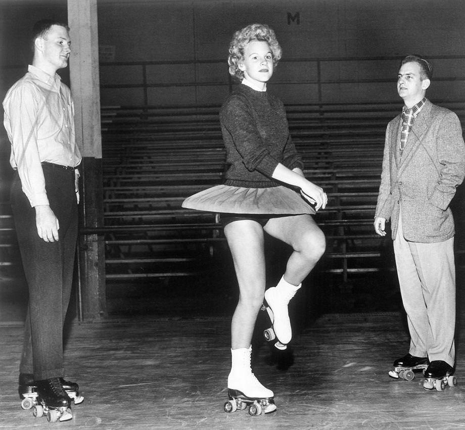 #200 Judy Moss, a Hermitage High School freshman took a spin on roller skates as she practiced her routine at the Arena, a roller-skating rink at Boulevard and Hermitage Road, 1958.