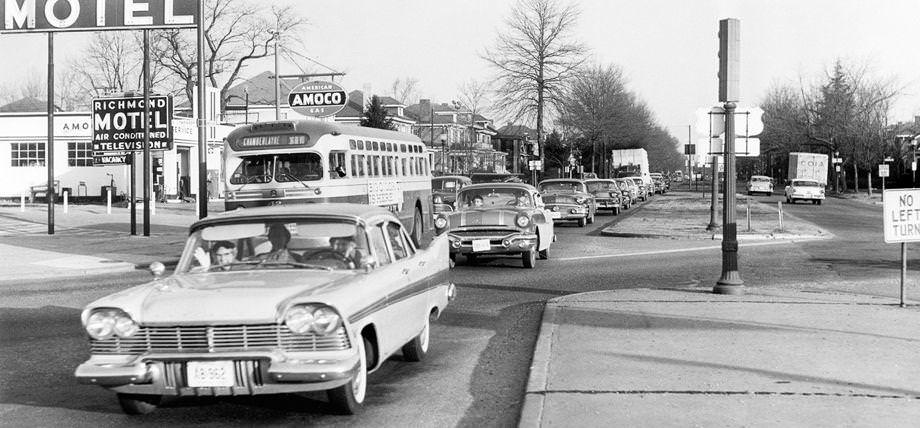 #204 A line of vehicles moved along Chamberlayne Avenue at Lombardy Street on Richmond’s North Side, 1958.