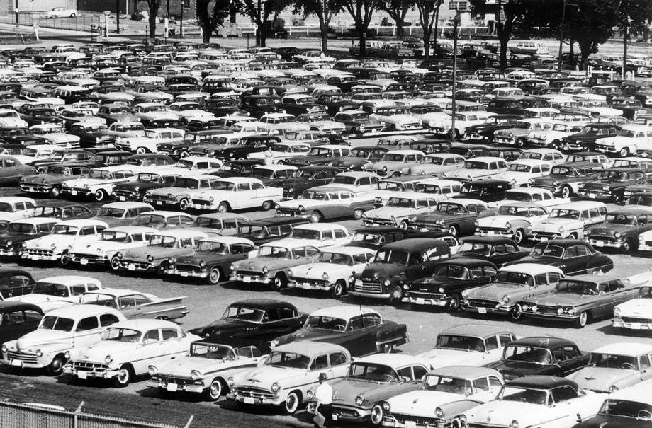 #205 Cars filled the parking lot at Parker Field as about 6,500 people watched the Richmond Virginians split a double-header with the Buffalo Bisons and retain the lead of the International League, 1959.