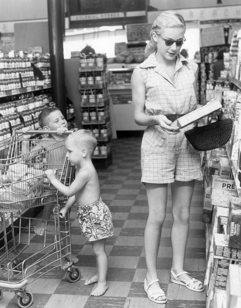#218 Richmond homemaker G.F. Sutliff sported casual attire while shopping at a neighborhood market, 1953.