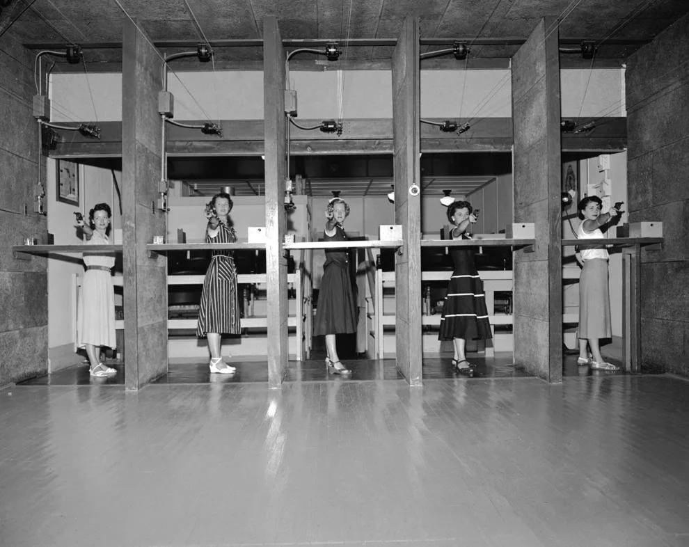 #227 On the police range at the mosque are policewomen Martha Jackson (left), Thelma Wilkinson, Dorothy Tyler, Mary Berry, and Virginia Galyano. Note to LB: From the RVA News website: Since taking over ownership, the city has used the mosque in several ways, 1950s.