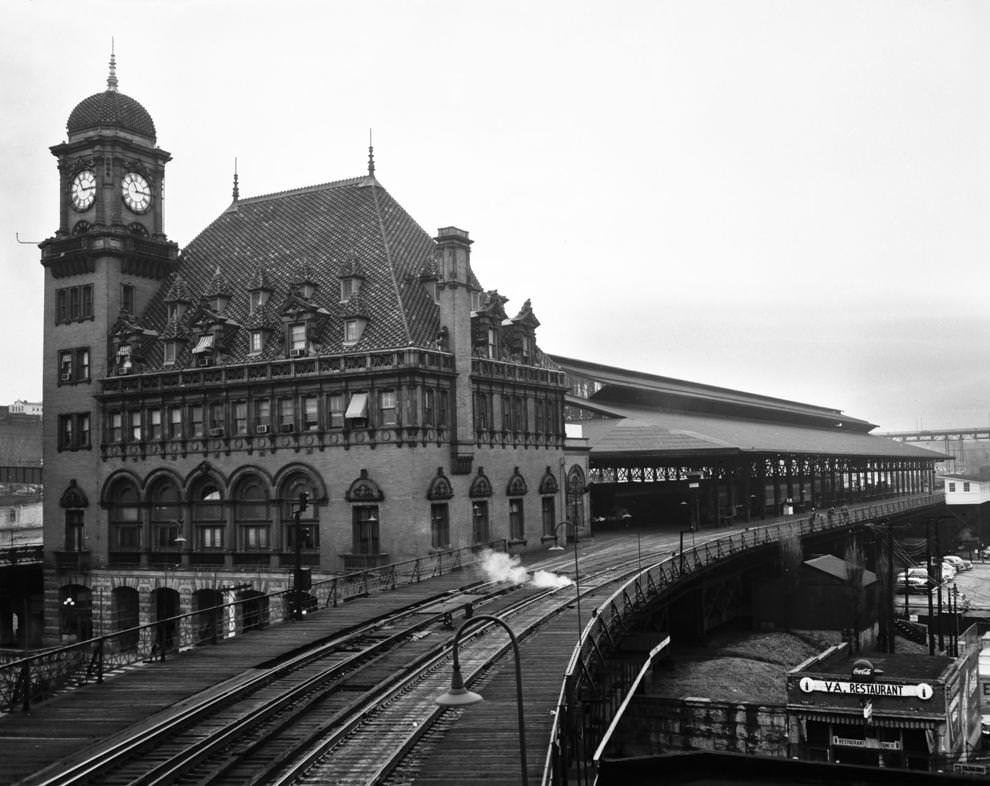 #230 Main Street Station downtown at a time when there was discussion about moving all passenger train traffic to Broad Street Station, 1958.