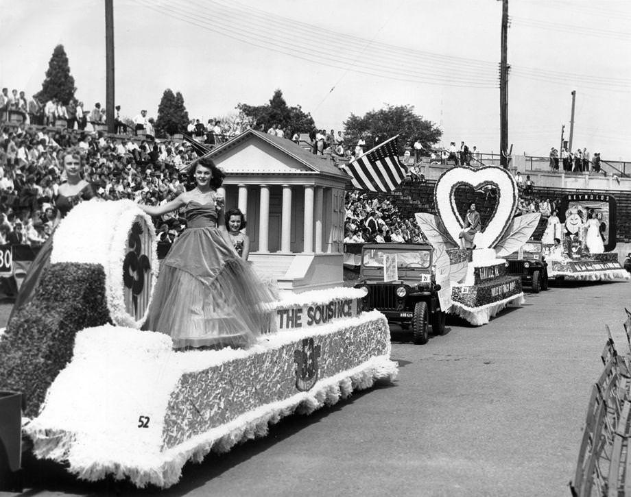 #26 Floats in the National Tobacco Festival parade completed their promenade around City Stadium before the football game between the University of Richmond and Hampden-Sydney College, 1954.
