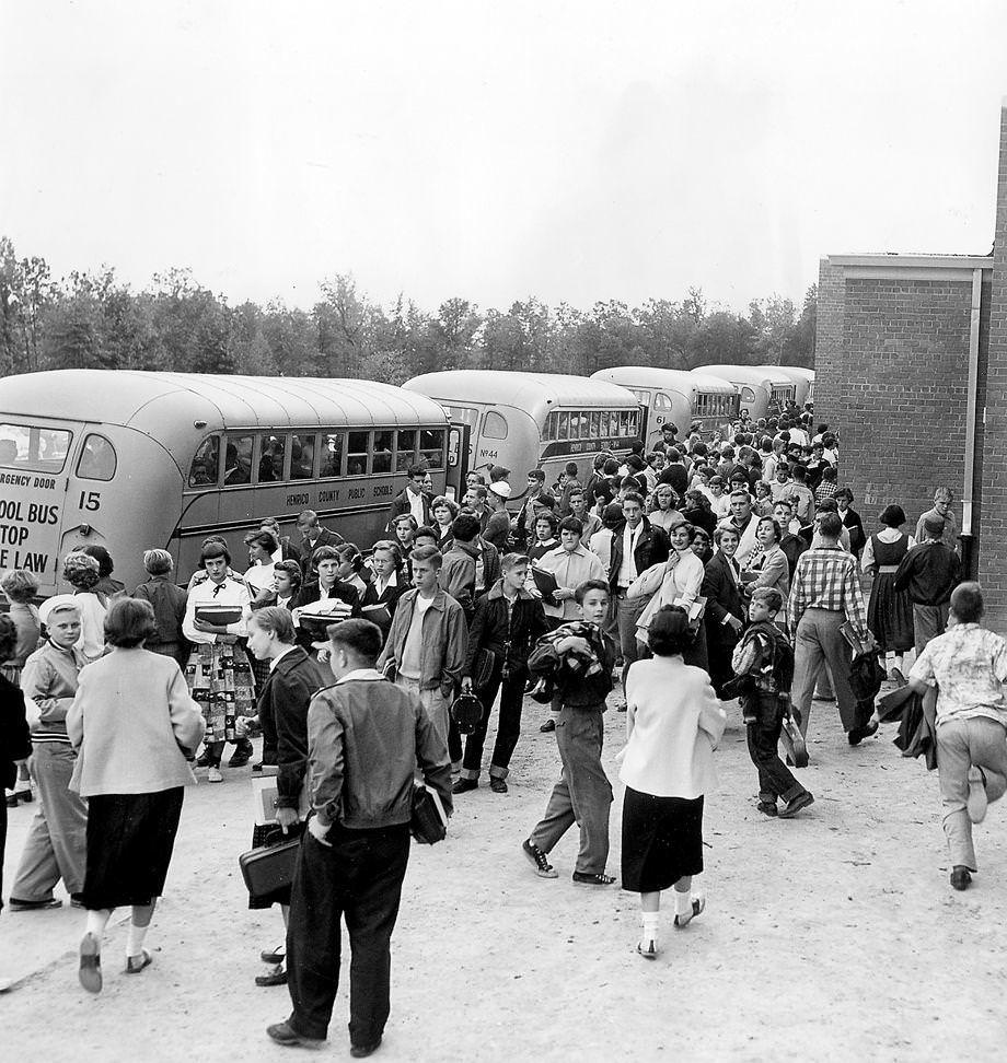 #52 Students crowded into the new Douglas S. Freeman High School in Henrico County, 1954.