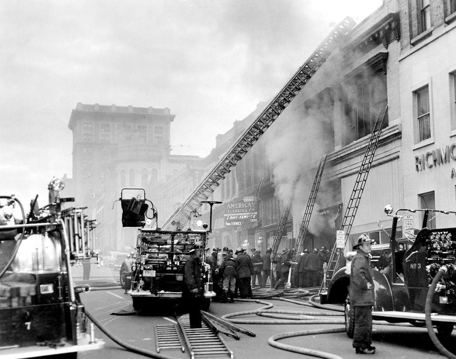 #55 About 100 firefighters needed four hours to control a blaze in the 700 block of East Main Street in downtown Richmond, 1957.