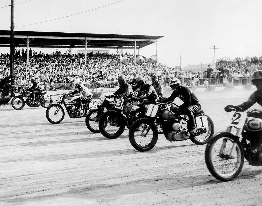 #64 Motorcyclists raced in the 10-Mile National Motorcycle Championship at the Atlantic Rural Exposition grounds in Henrico County, 1952.