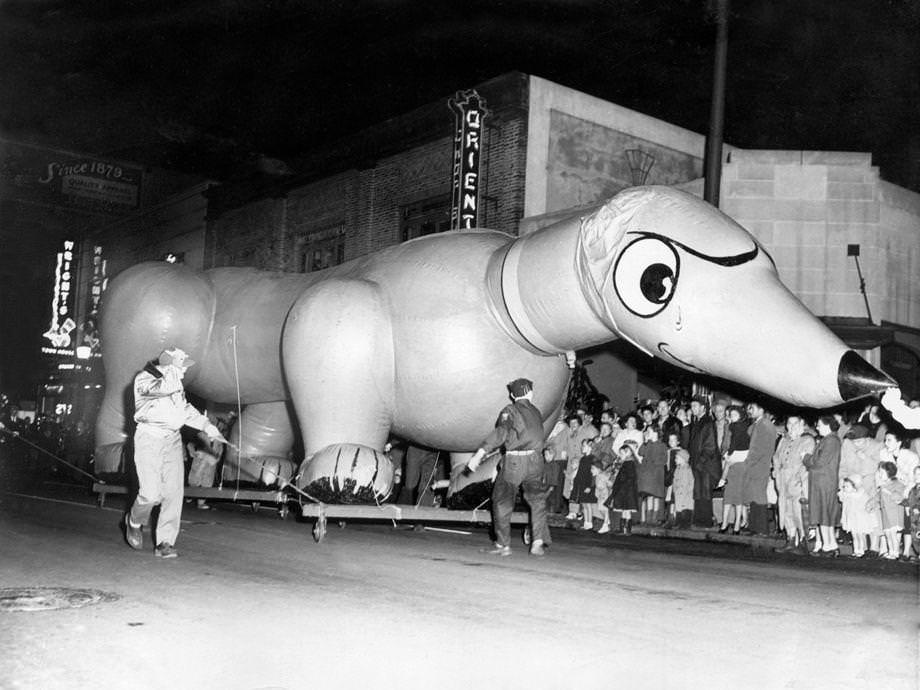 #79 A dachshund float towered above spectators lining the curb during the Thalhimers Toy Parade in downtown Richmond, 1950.
