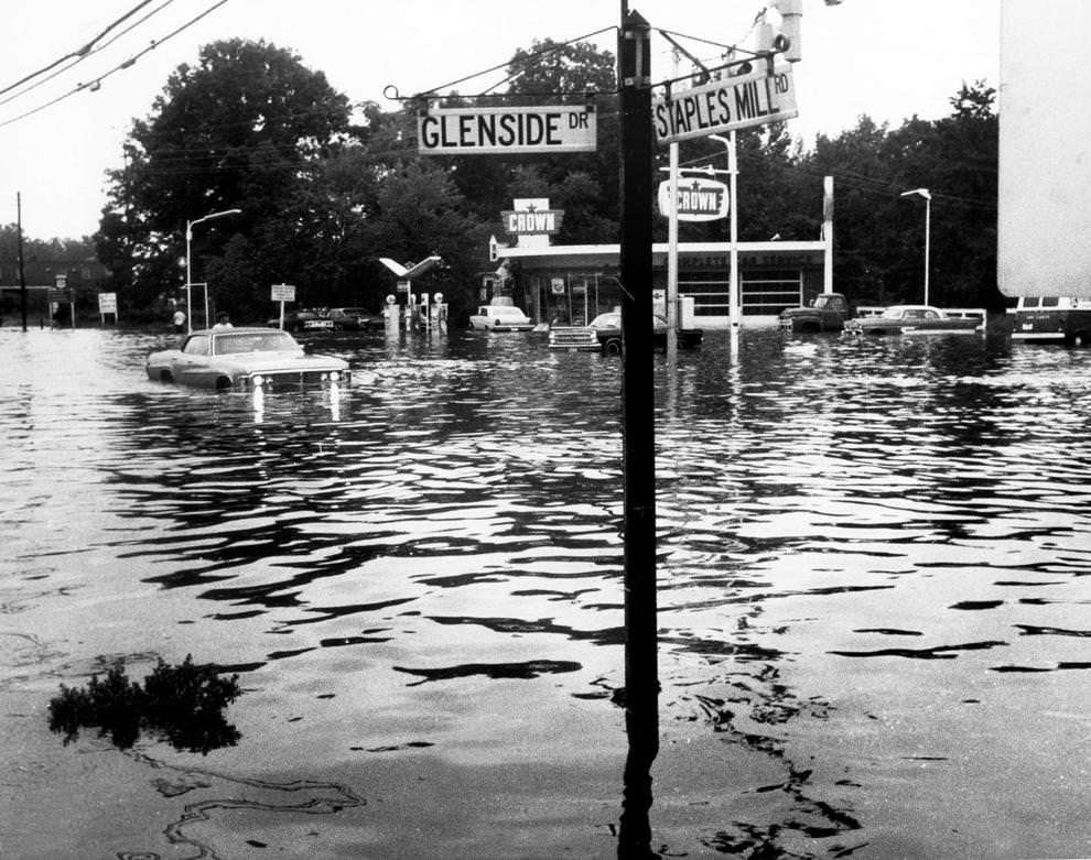 #92 Flooding left the intersection of Glenside Drive and Staples Mill Road in Henrico County underwater, 1969.