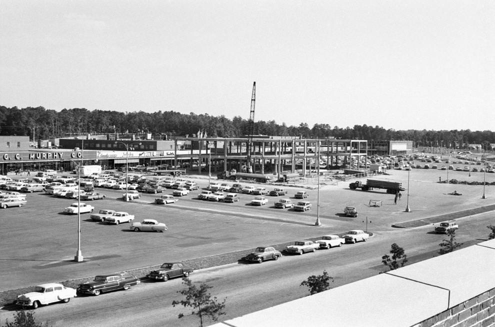 #13 Willow Lawn shopping center was expanding. Here, concrete beams were in place for the two-story, 30,000-square-foot building that would house a Miller & Rhoads department store and an S&W cafeteria, 1960.
