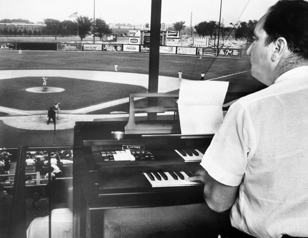 #147 Bob Powell played the new organ at Parker Field ahead of the Richmond Braves game against Rochester, 1966. Powell, who died in 1982, was the organist for the R-Braves until 1971.