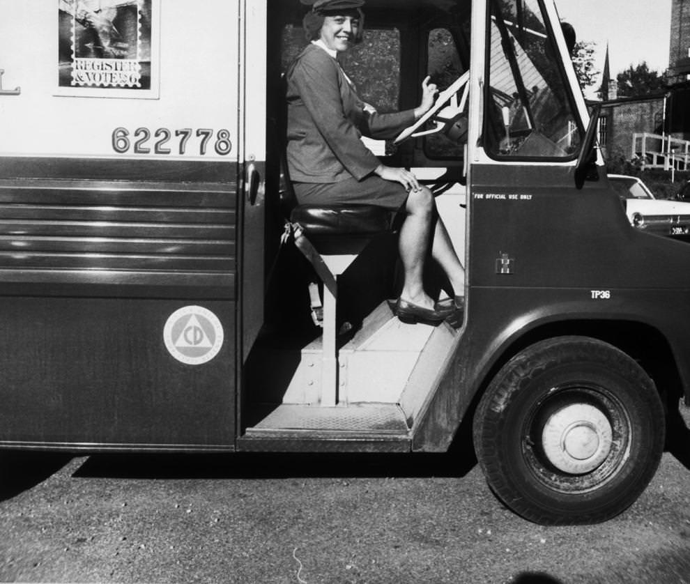 #148 Susie Betts, an employee of the South Hill Post Office in Mecklenburg County, prepared for her weekly mail carrier route, 1968.