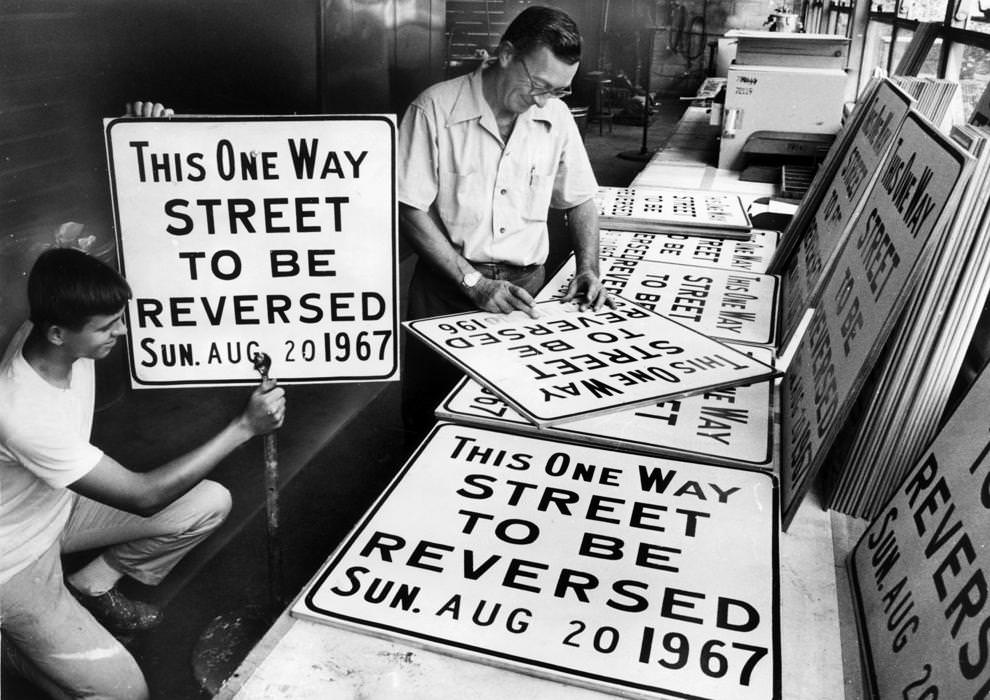 #31 Richmond city employees prepared signs that would alert motorists to a new traffic pattern, 1967.