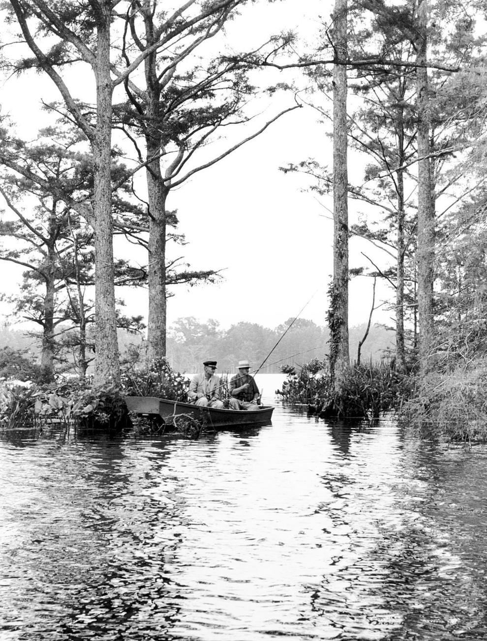 #39 Two men fished for bluegills in Chickahominy Lake, a large water supply reservoir along the New Kent-Charles City county line, 1961.