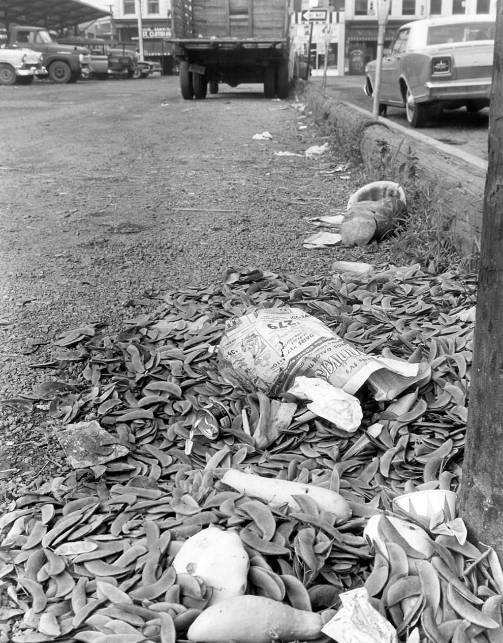 #44 Trash was strewn along a street in downtown Richmond. In late June and early July, the eight-day “Fight Litter ’68” campaign gathered a cleanup force of 150 city workers and made progress in seven areas, 1968.