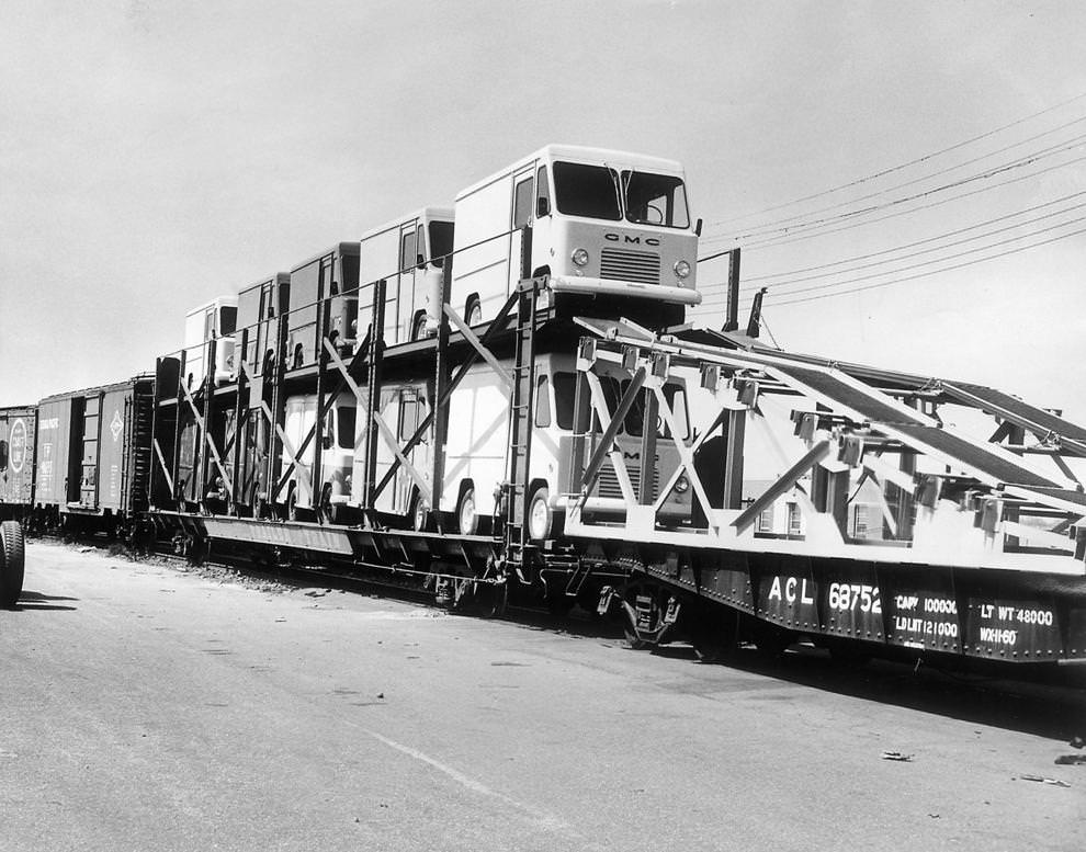 #78 A shipment of new trucks from Alabama arrived in Richmond via the Atlantic Coast Line Railroad, 1962.