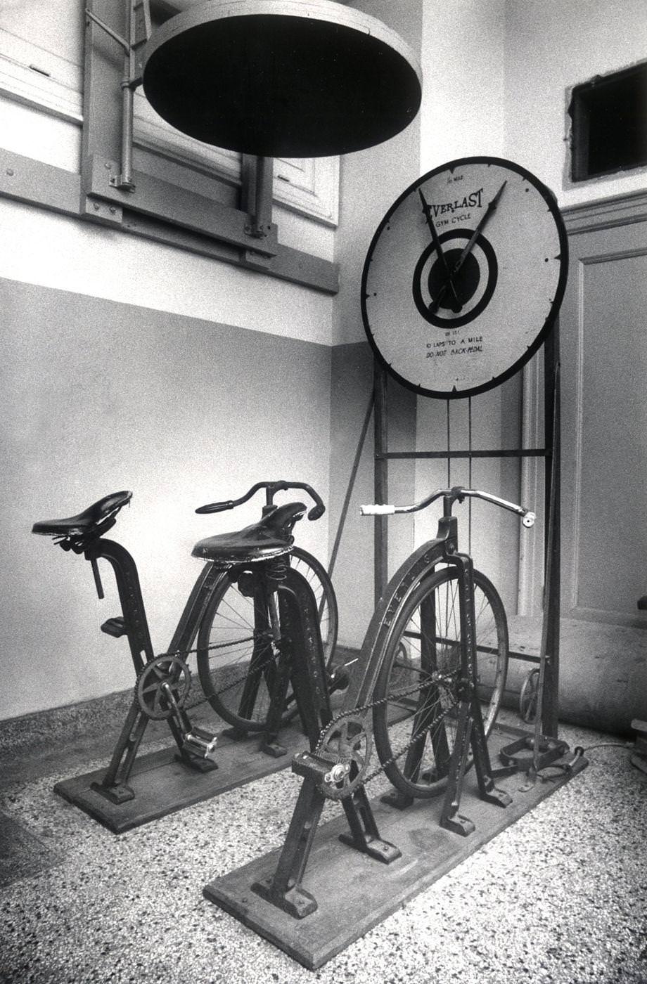 #92 Stationary bicycles, once part of the original equipment at the Mosque (now the Altria Theater) and still in the gymnasium that was then being used by Richmond police, 1974.