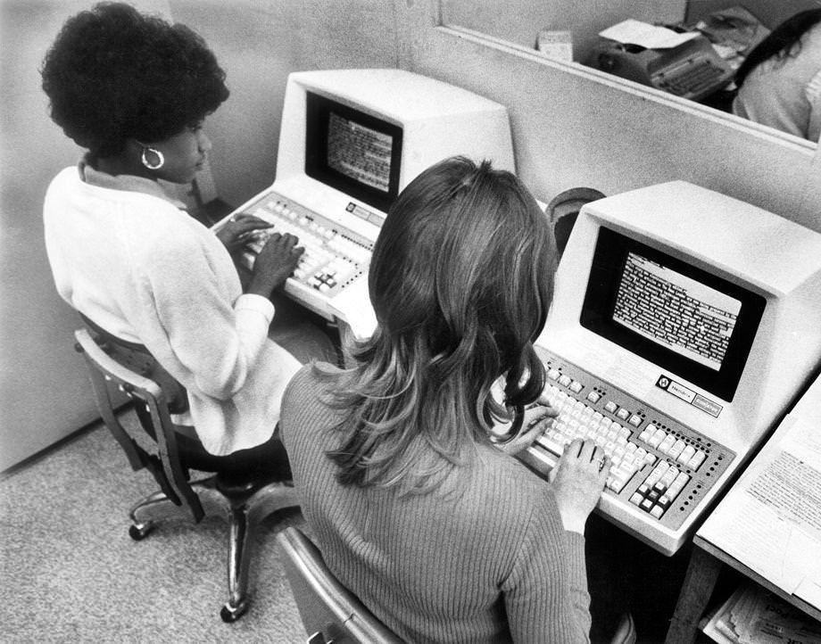 #108 Regina Randal (left) and Marsha English processed wire service copy that had been marked up by editors in The Times-Dispatch newsroom, 1973.