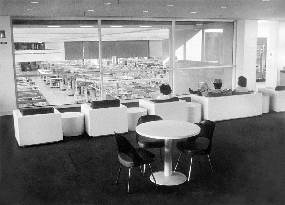 #113 Employees at the Philip Morris USA manufacturing center in South Richmond took a break in the new employee lounge that overlooked the production floor, 1974.