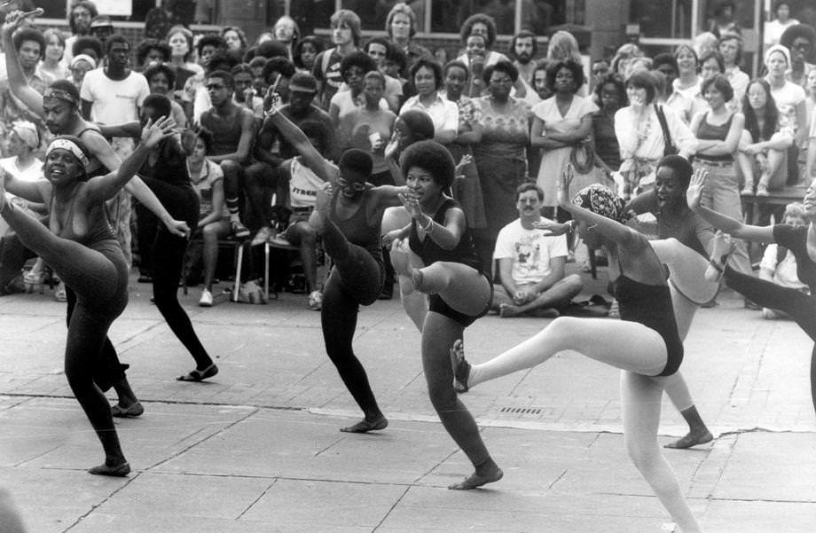 #114 The Ezibu Muntu dancers performed at Shafer Court at Virginia Commonwealth University in Richmond as part of the annual Spring Fling celebration weekend, 1977.