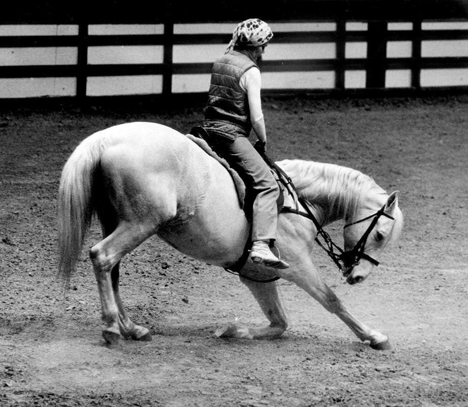 #115 A rider and her horse practiced for the Loretta Lynn Longhorn World Championship Rodeo, 1973.