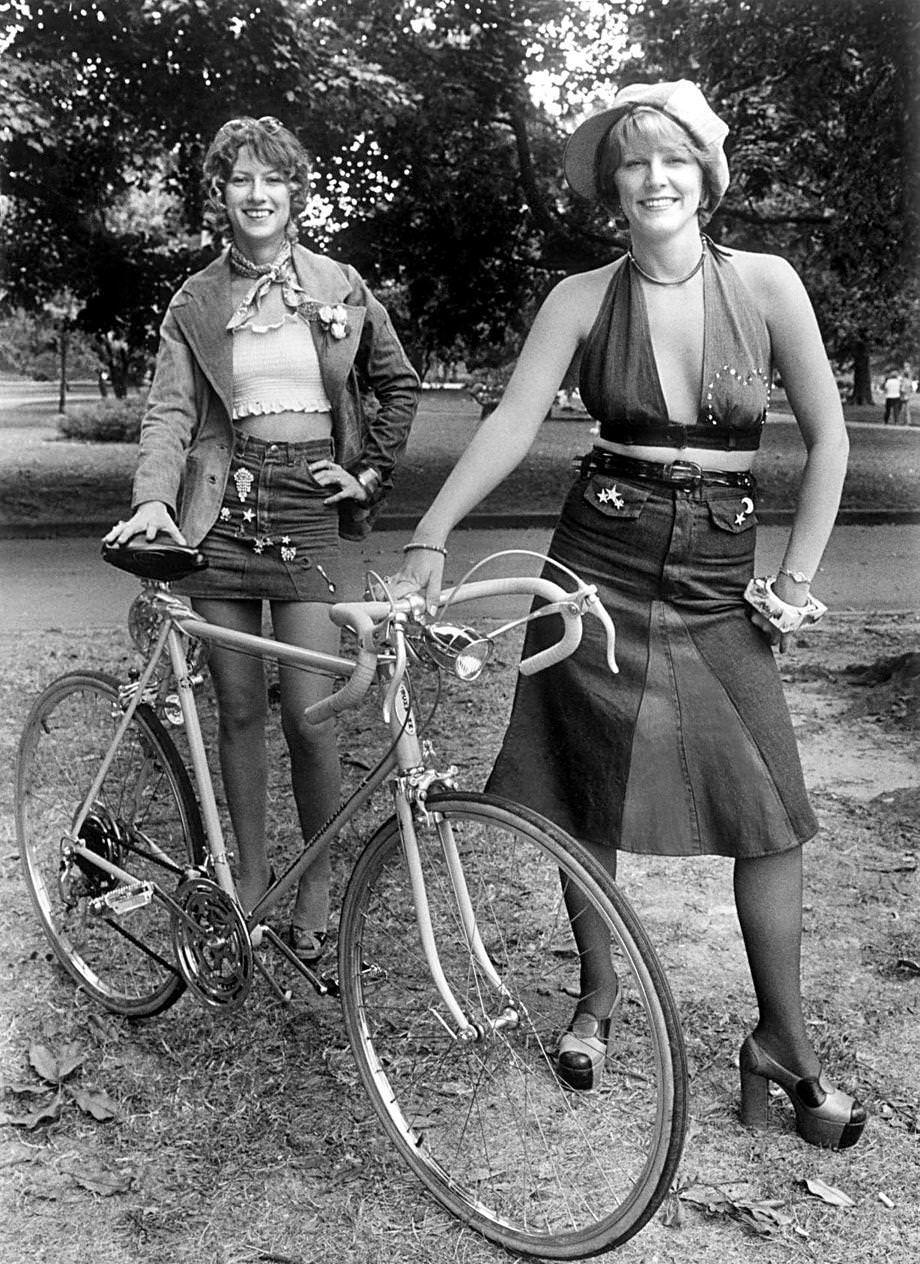 #116 Two Richmond women modeled fashions they had created from their own recycled blue jeans, 1973.