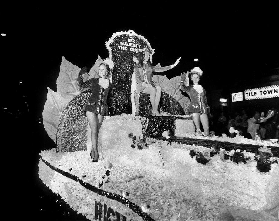 #131 Brenda Faye Childress, the reigning Queen of Tobaccoland, waved from her float during the National Tobacco Festival parade in Richmond, 1971.