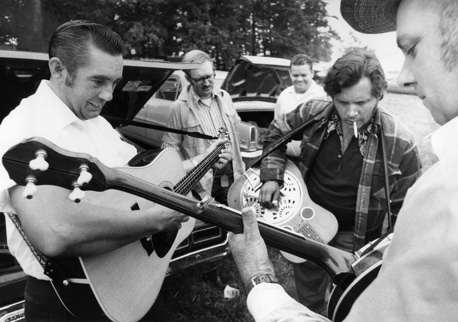 #132 The Country Ramblers from Nelson County warmed up for their performance at the first Bluegrass Grove Festival, 1971.