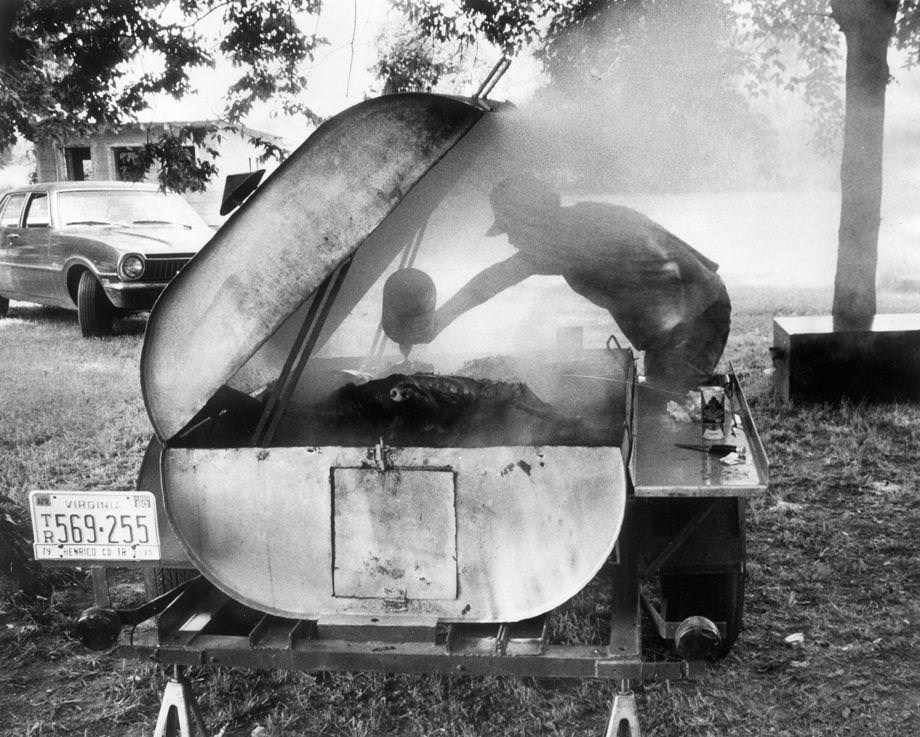 #10 Vann Barden from North Carolina came to Richmond with his mobile smoke pit to put on a pig picking with friends, 1979.